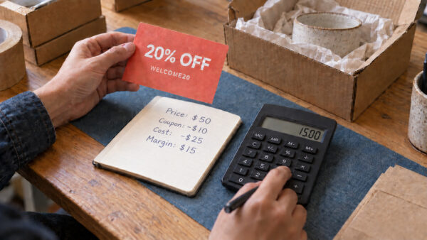 Shop owner calculating the remaining margin after a coupon discount