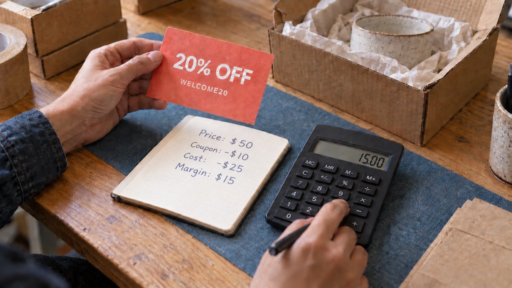 Shop owner checking the margin remaining after a coupon discount