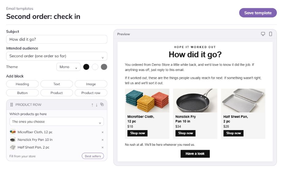 Tendlio email editor with a second-order message and three product recommendations.
