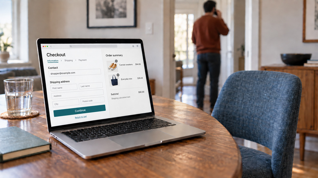 Unfinished online checkout on a laptop while the shopper takes a phone call