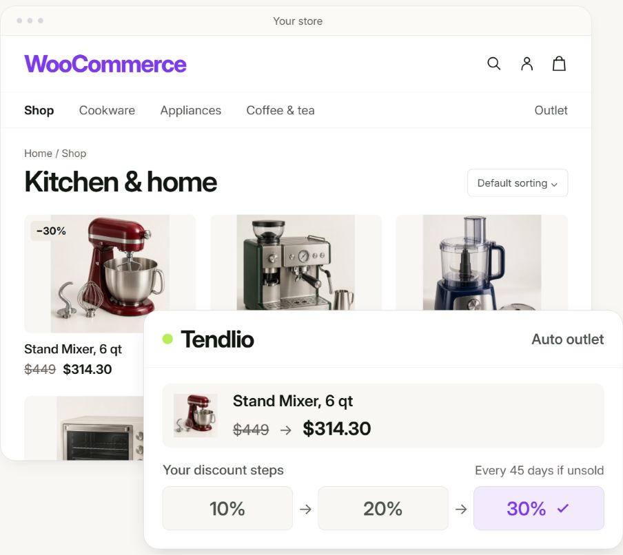 A WooCommerce kitchen store with a product catalog and an overlapping Tendlio Auto outlet panel, showing a stand mixer reduced from $449 to $314.30.