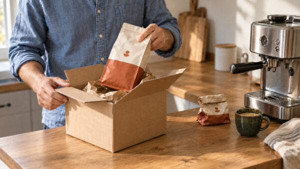 Customer opening a fresh coffee delivery beside a nearly empty coffee bag