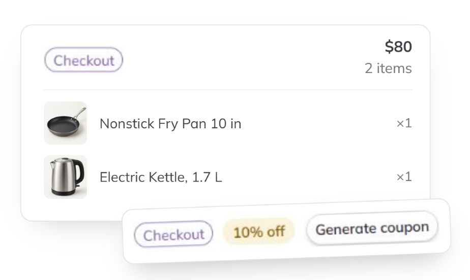 Tendlio Recover sales: a frying pan and kettle in an $80 basket, with a suggested 10% discount.