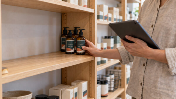 Shop owner checking the few soap bottles remaining on a mostly empty shelf