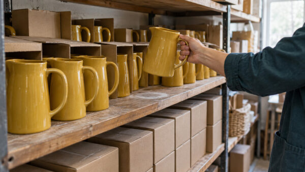 Shop owner checking unsold ceramic pitchers on stockroom shelves