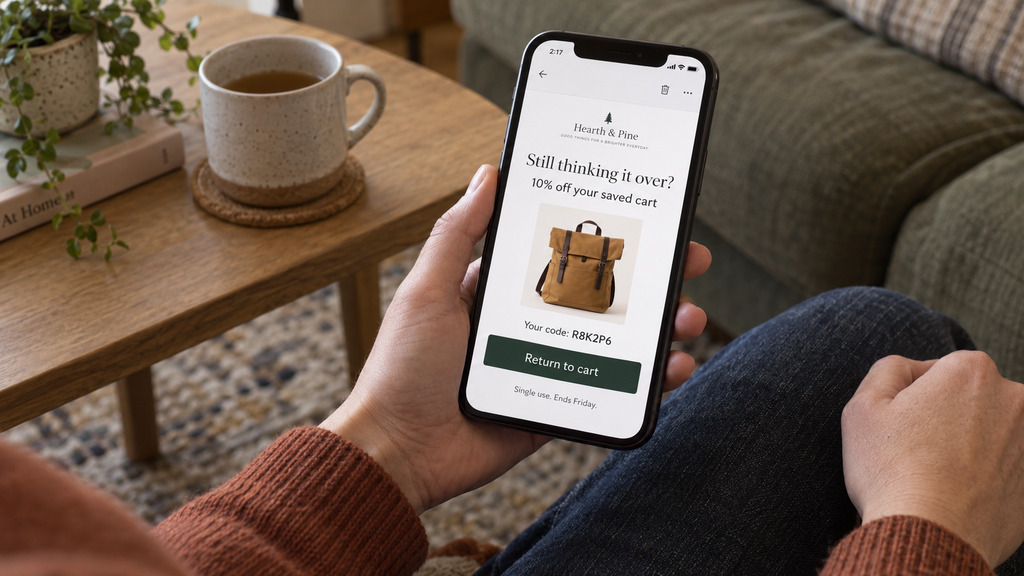 Shopper considering a discount offer for a saved cart on a phone