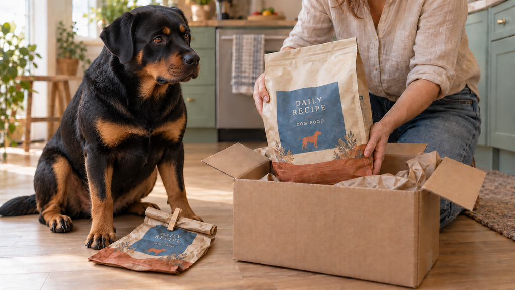 Customer unpacking a fresh dog food delivery beside a Rottweiler and the empty previous bag