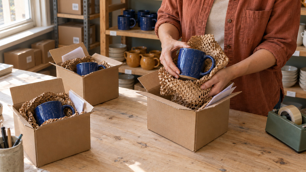 Shop owner packing three separate orders for the same blue ceramic mug