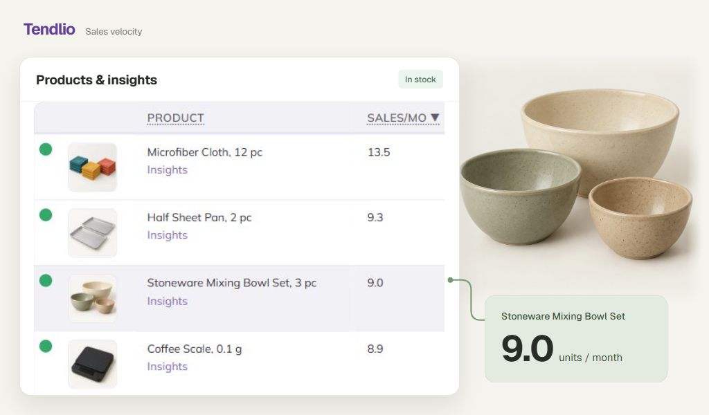 Tendlio Products and insights showing a stoneware mixing bowl set selling 9 units per month