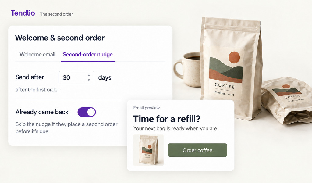 Illustration of Tendlio second-order email settings beside a coffee refill email and matching coffee bags