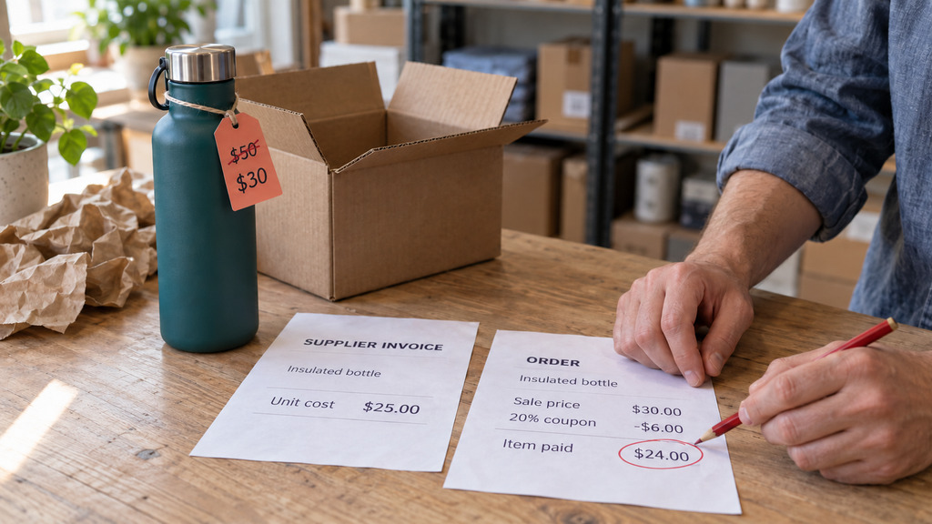 Shop owner comparing a discounted order total with the product cost while packing